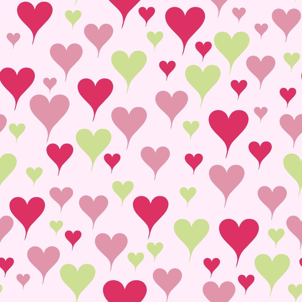Pink and green hearts on a soft pink background, seamless pattern , heart seamless pattern , doodle summer, kids and baby designs for use as fabric or paper. vector