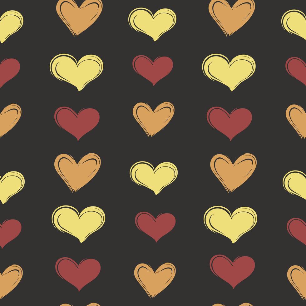 Hearts in shades of yellow, orange, and red on a black background. Heart seamless pattern. Valentine's day texture, Print for wrapping paper or fabric. vector