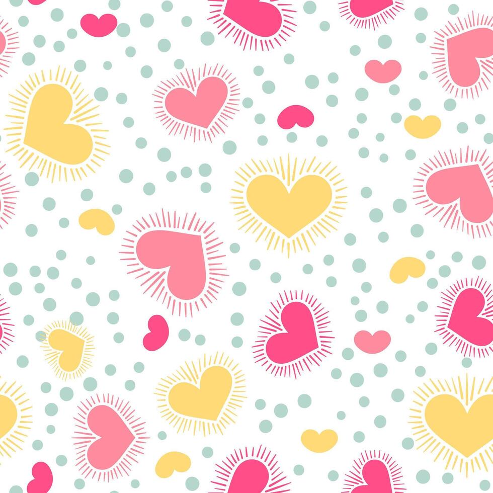 Cute heart pattern with pink, yellow, and mint dots on a white background, doodle summer, kids and baby designs for use as fabric or paper. vector