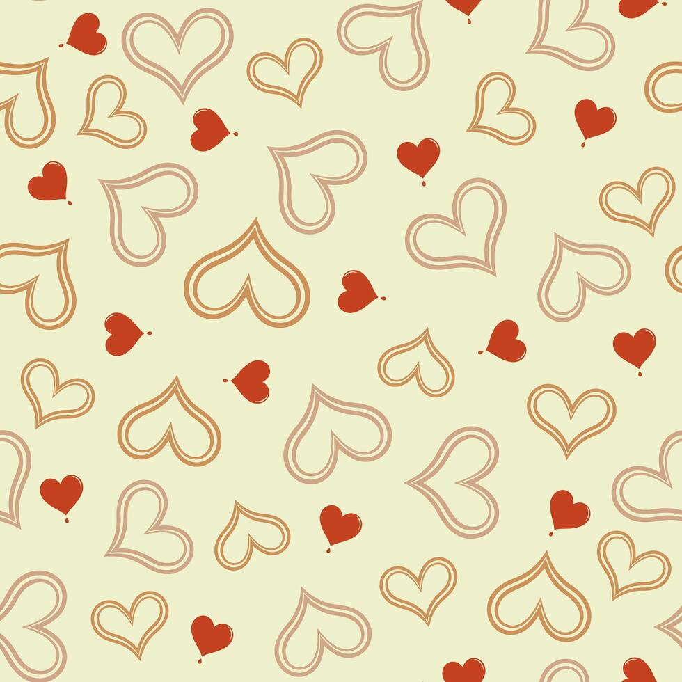 Small hearts in beige and red, heart-shaped outline on a light yellow background. seamless pattern , heart seamless pattern , doodle summer, kids and baby designs for use as fabric or paper. vector