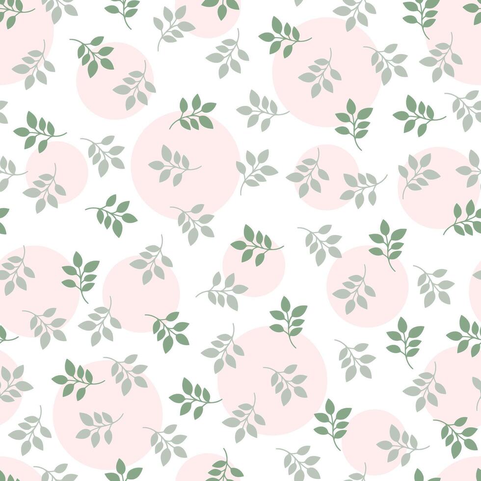 Green leaves with pink circle on a white background seamless pattern , leave seamless pattern , doodle summer, kids and baby designs for use as fabric or paper. vector