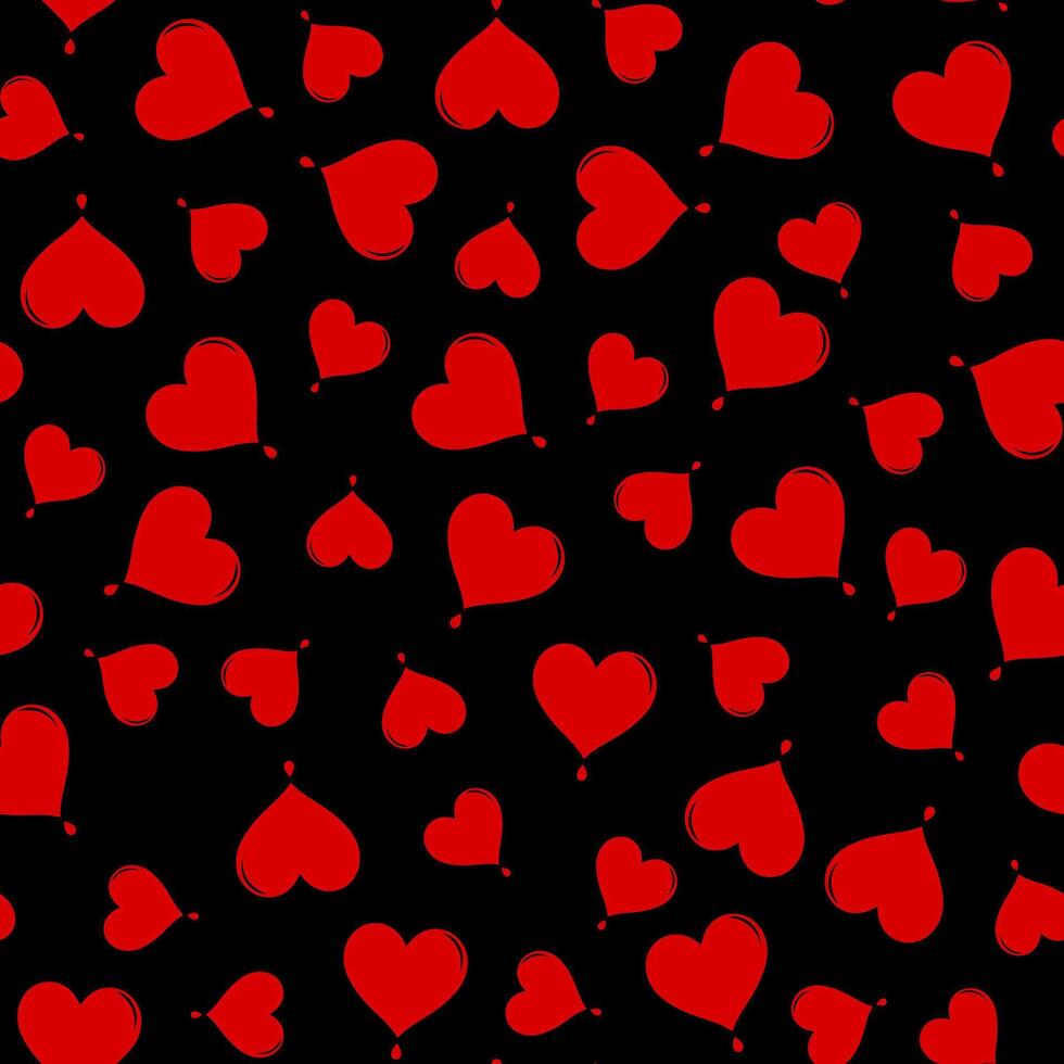 Red hearts on a black background, heart seamless pattern , doodle summer, kids and baby designs for use as fabric or paper. vector