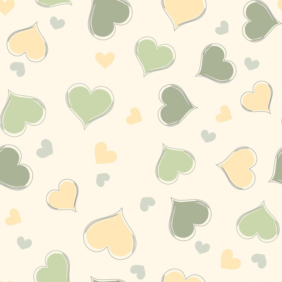 Cute pastel green and soft yellow heart pattern, on a cream background, seamless pattern , heart seamless pattern , doodle summer, kids and baby designs for use as fabric or paper. vector