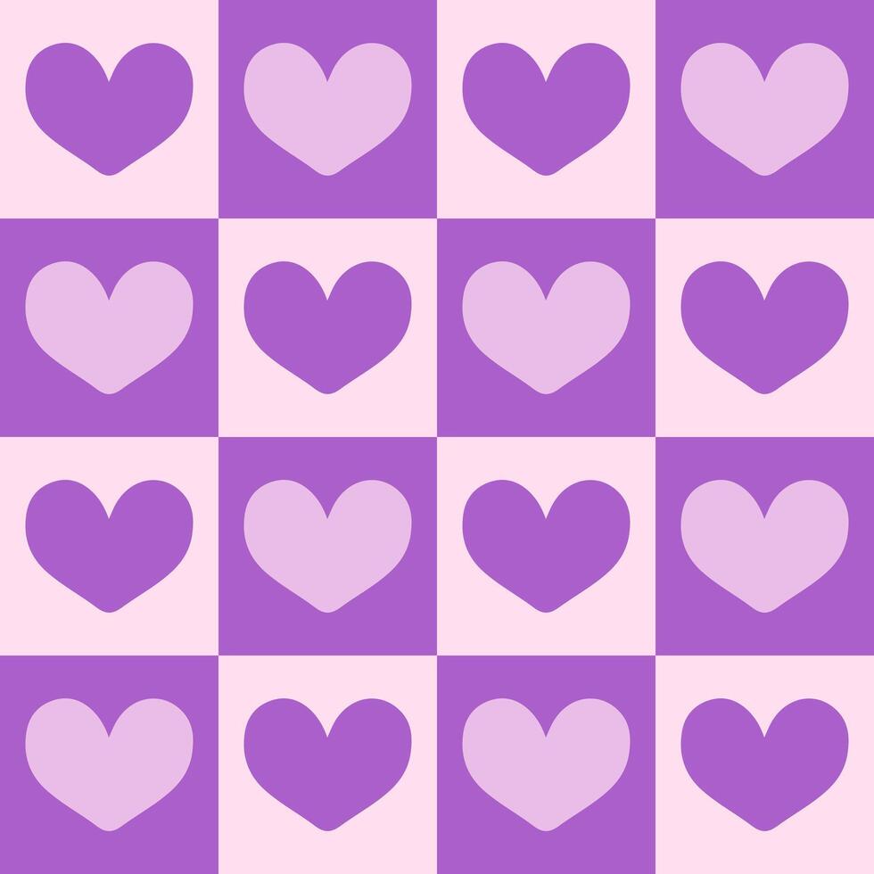 Hearts on a purple and pink checkered pattern background, heart seamless pattern illustration, doodle summer, kids and baby designs for print fabric. vector