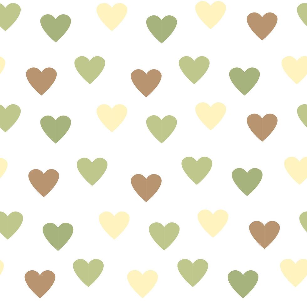 Small hearts in shades of green and brown on a white background, heart seamless pattern illustration, doodle summer, kids and baby designs for print fabric. vector