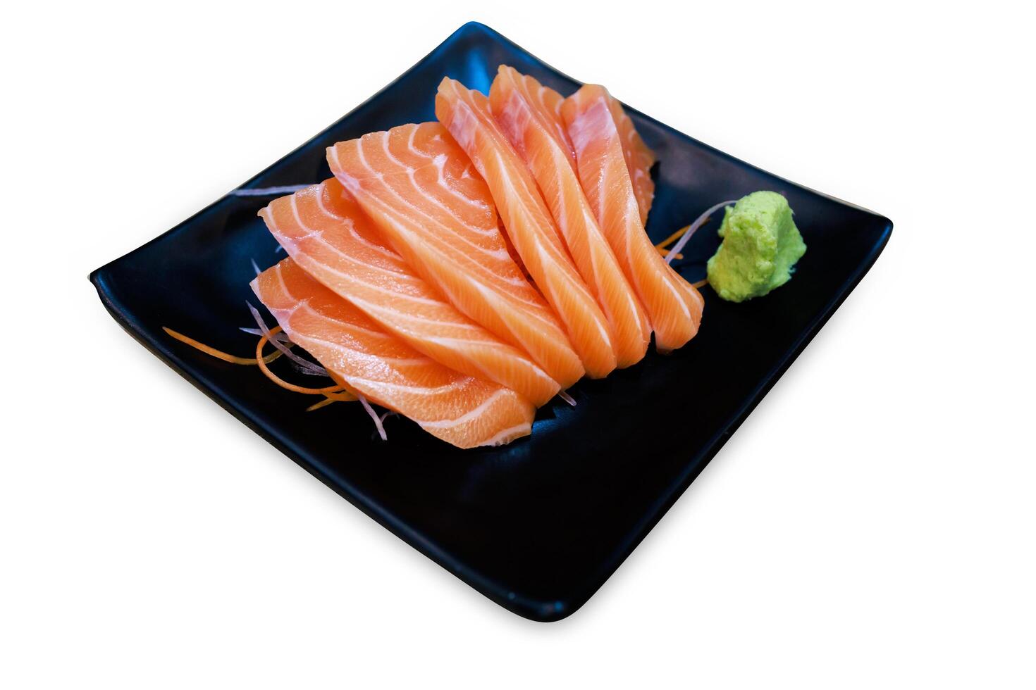 Top view of Fresh slice Salmon on the black plate photo