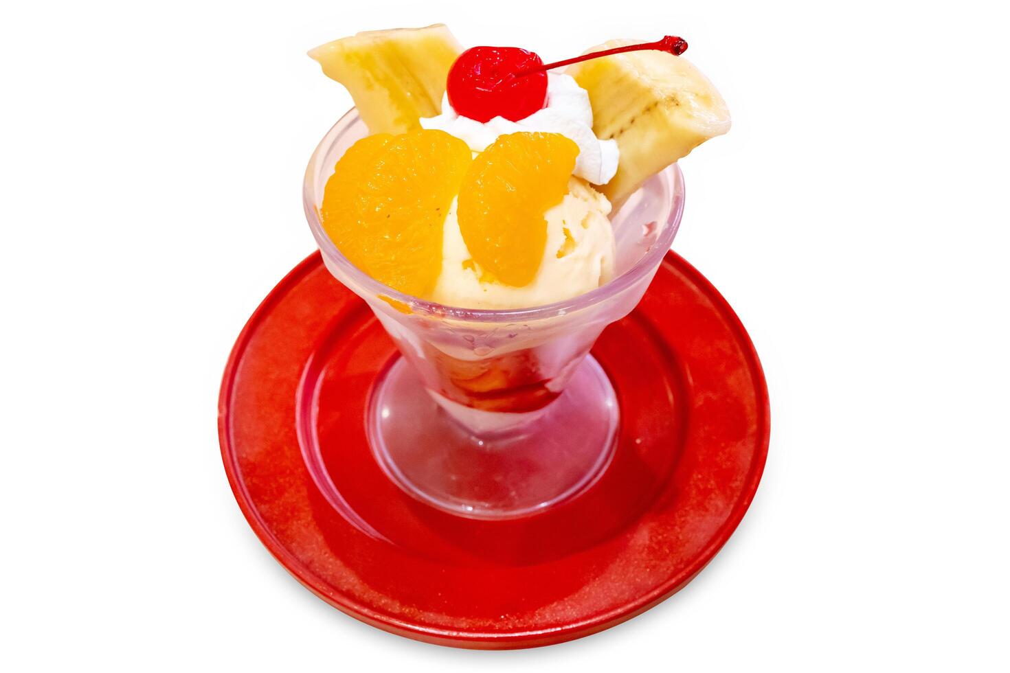 Parfe Fruit and ice cream on red plate photo