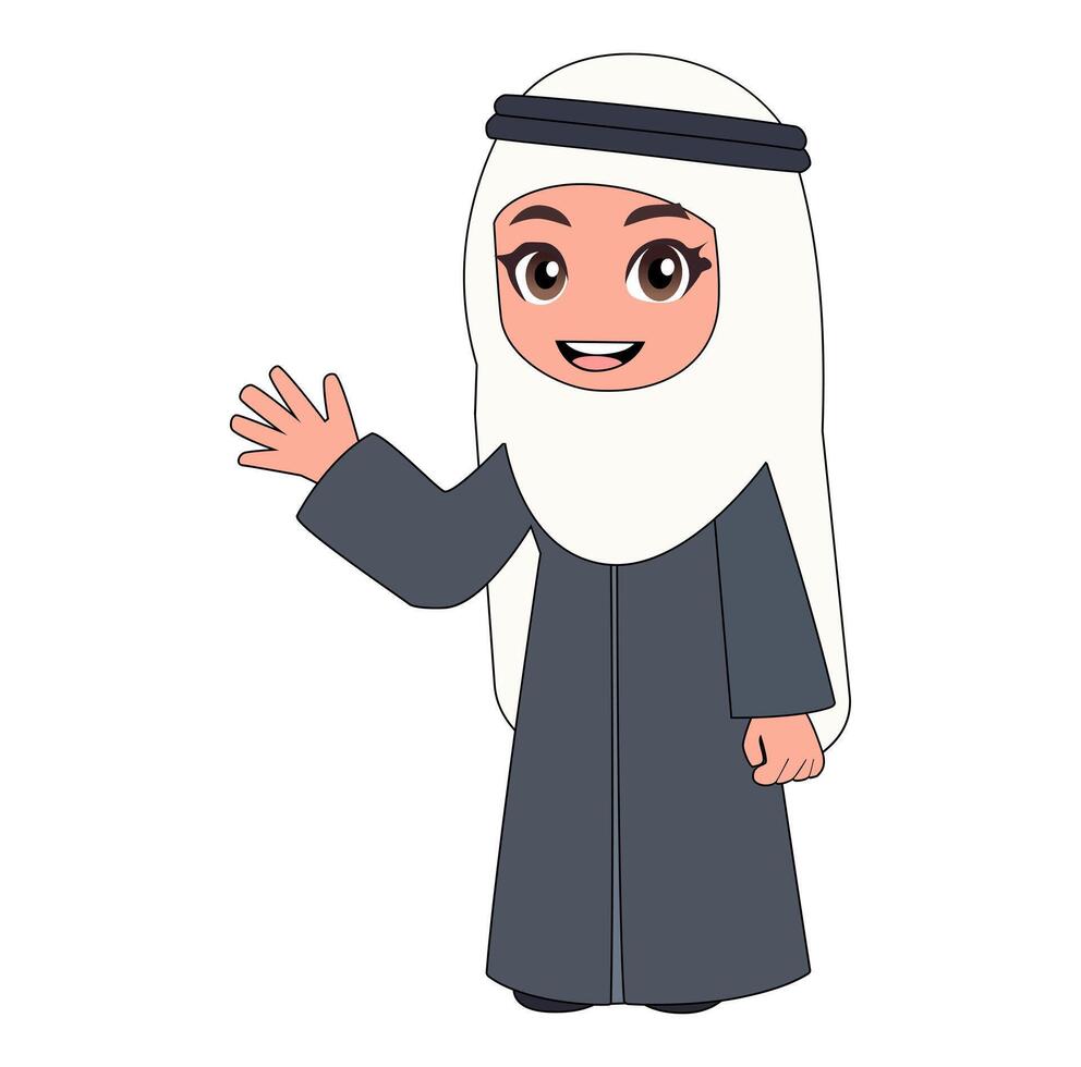 Cartoon Girl With Hijab Greeting With Smile To Others Vectors Illustration