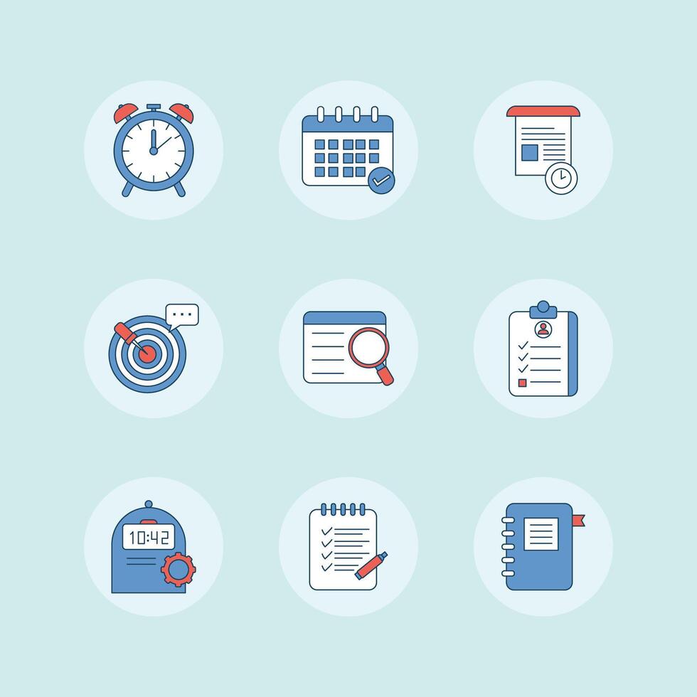 9 icons designed to represent productivity tools, perfect for business and self-improvement content. vector