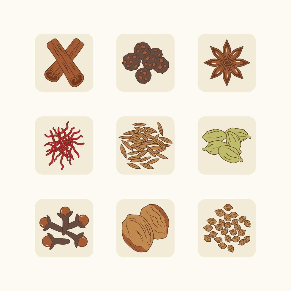 A collection of 9 essential Middle Eastern spices in a clean, simple icon style vector