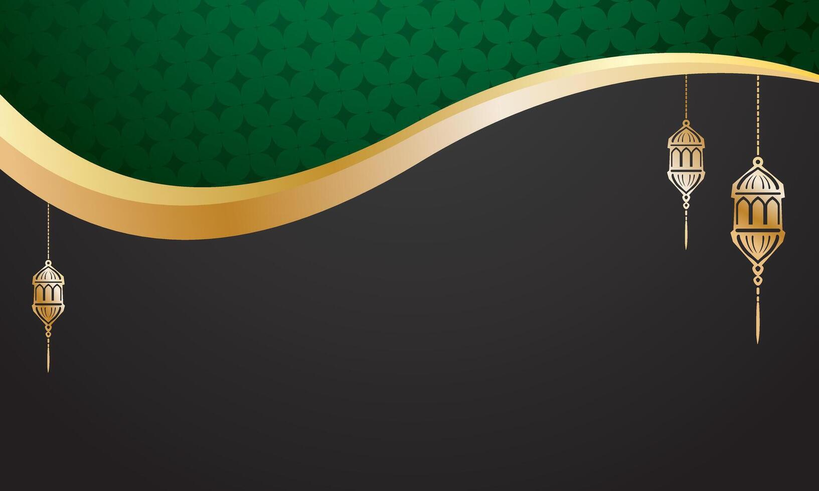 Islamic greeting card background with gold green ornaments and hanging lanterns vector