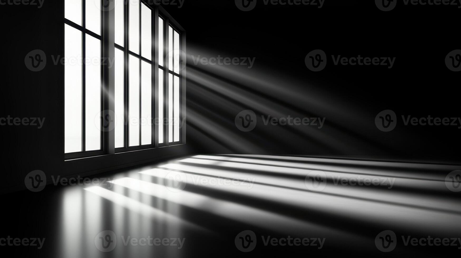 serene interior with sunlight streaming through windows, creating soft shadows photo