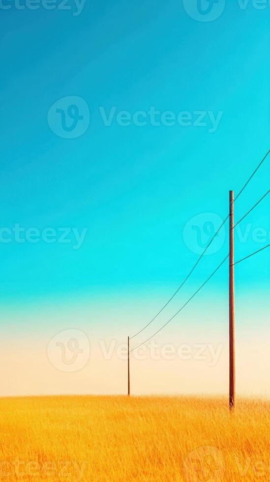 serene landscape featuring telephone poles against vibrant blue sky and golden grass photo