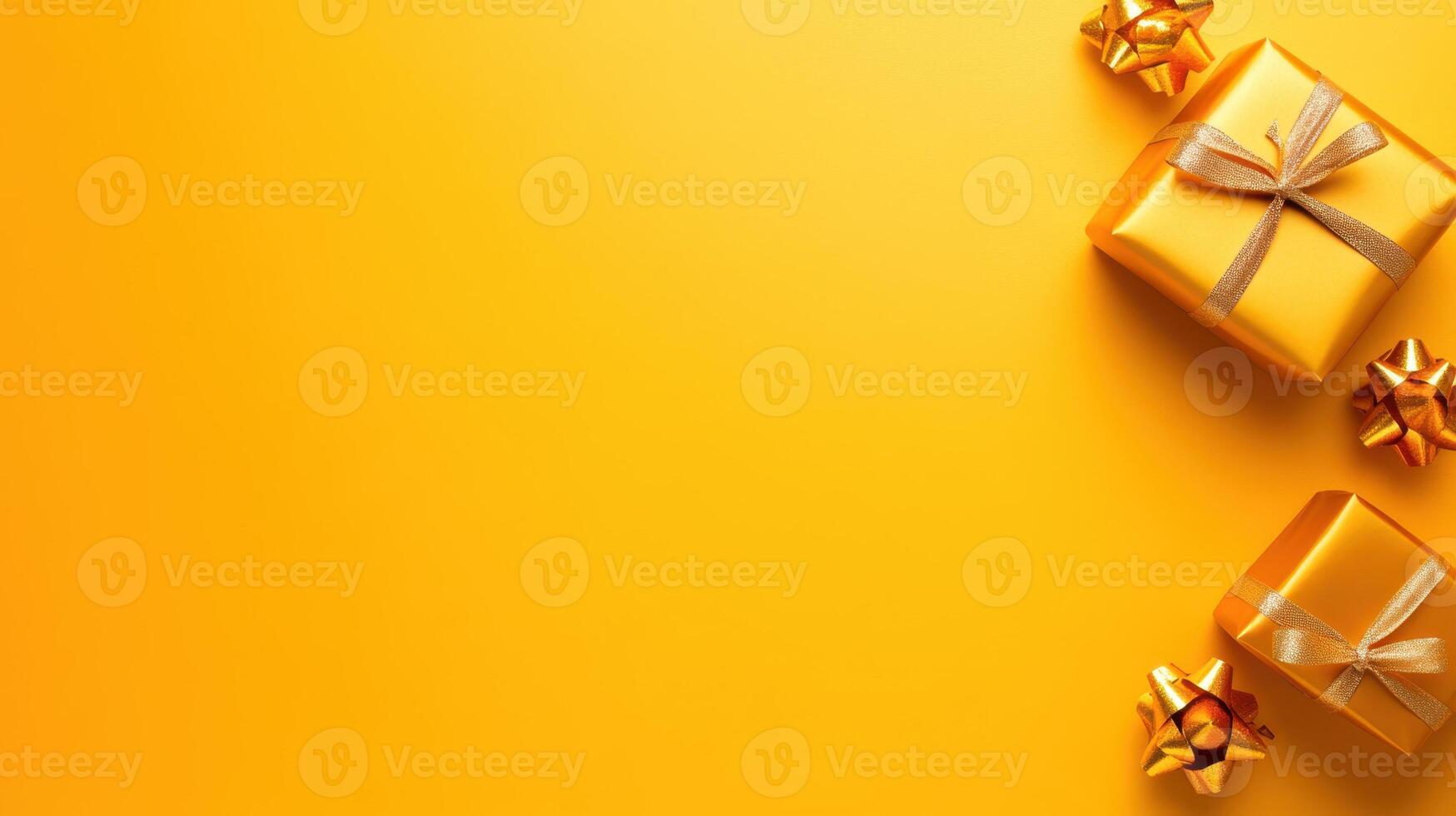 Bright yellow background with golden gift boxes and bows photo