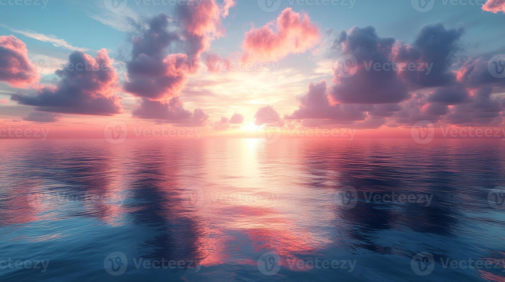 Sunset over the ocean with clouds reflected in the water photo