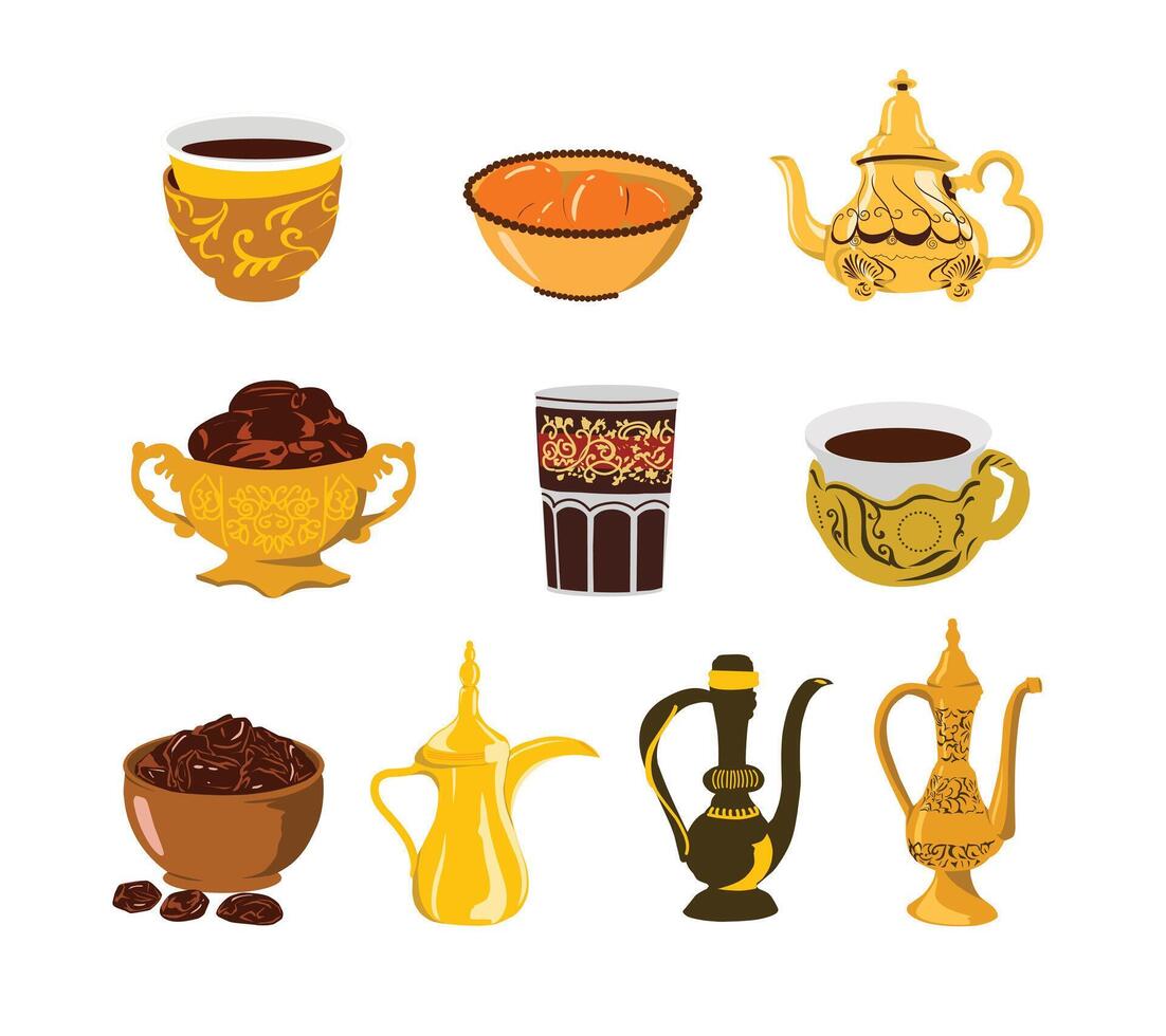 A traditional Arabic Ramadan iftar foods and utensils, including dates, tea, and vintage drink jug. Perfect for Ramadan-themed designs, invitations, menus, and cultural projects. vector