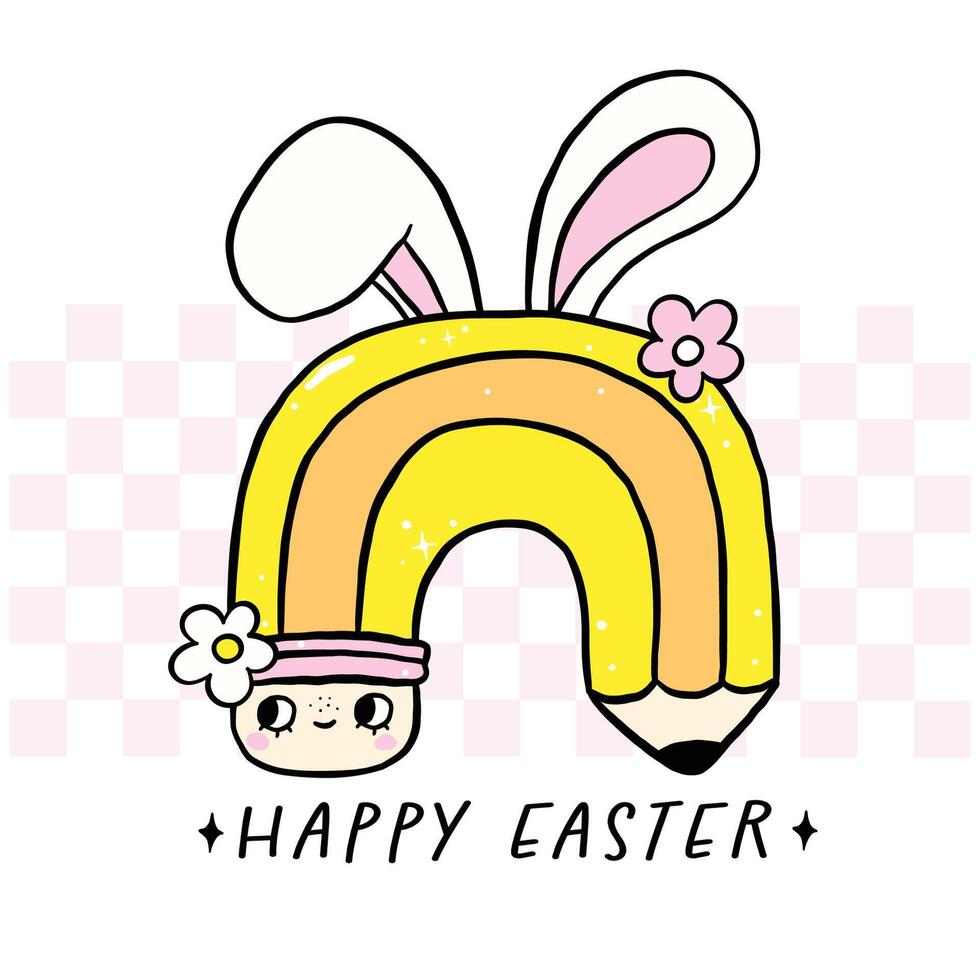 Groovy Easter Teacher School, Happy Easter Pencil Rainbow with Bunny Ears Hand Drawn vector