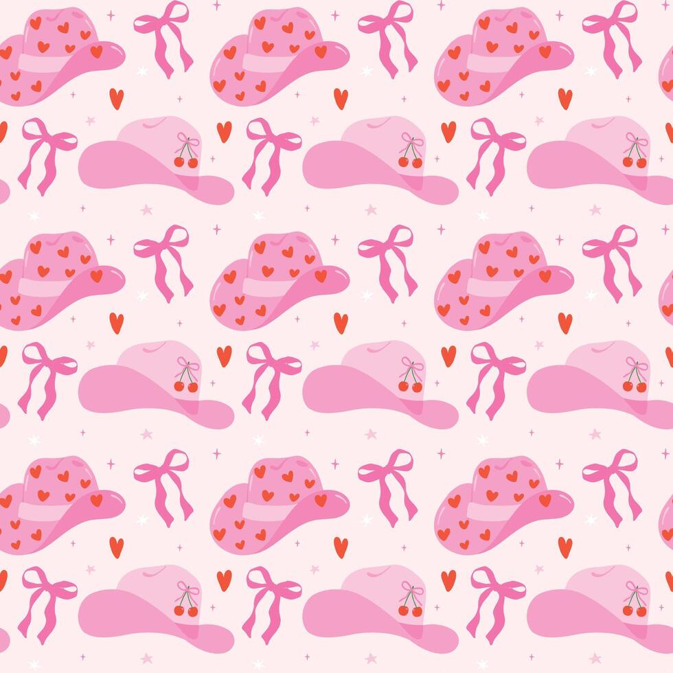 Retro Coquette Cowgirl Hat Hot Pink with bow Seamless Pattern, Girly Western Groovy Wallpaper isolated on background vector