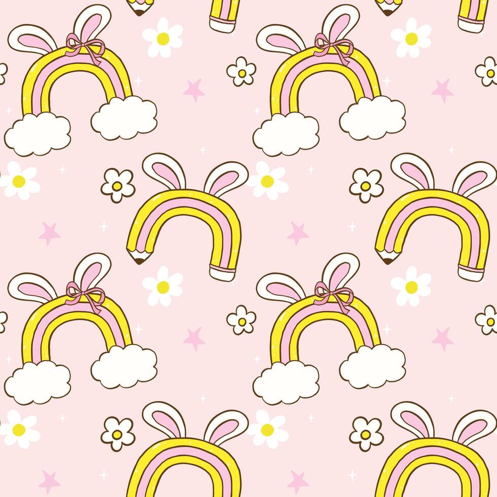 Retro Easter School Seamless Pattern, Rainbow Pencil Rainbow with Bunny Ears wallpaper background vector
