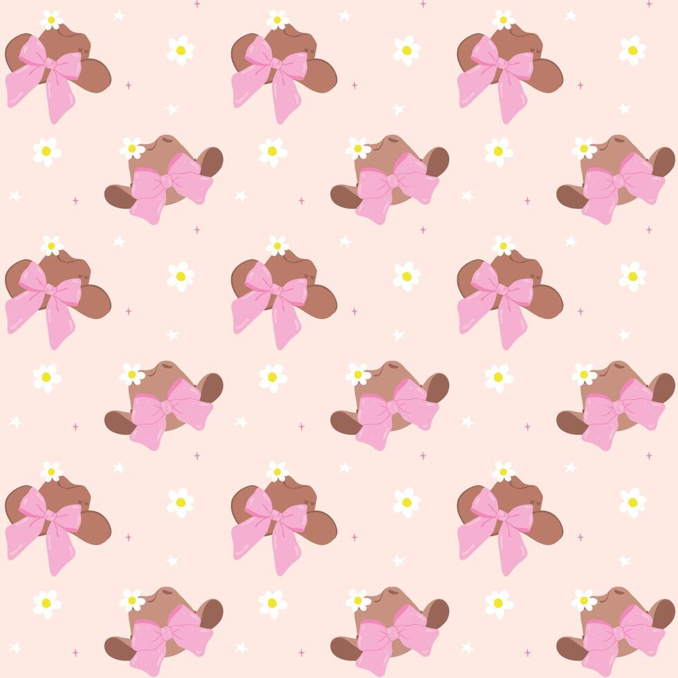 Retro Coquette Cowgirl Hat with bow Seamless Pattern, Girly Western Retro Wallpaper isolated on background vector