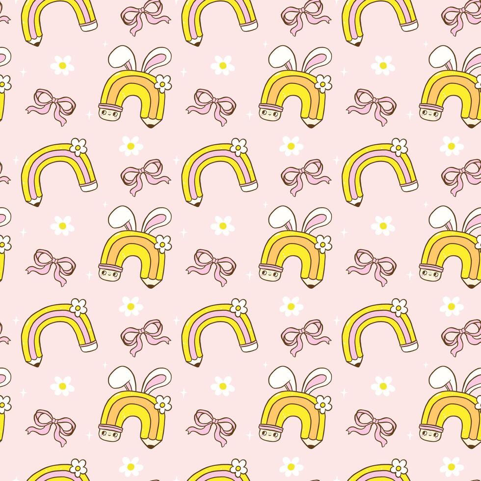 Retro School Easter Seamless Pattern, Rainbow Pencil Rainbow with Bunny Ears wallpaper background vector