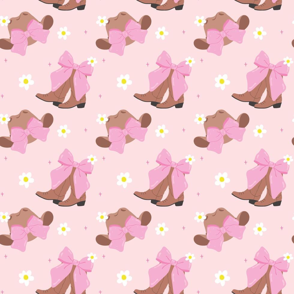 Groovy Coquette Cowgirl Boots and Hat with bow Seamless Pattern, Girly Western Retro Wallpaper isolated on background vector