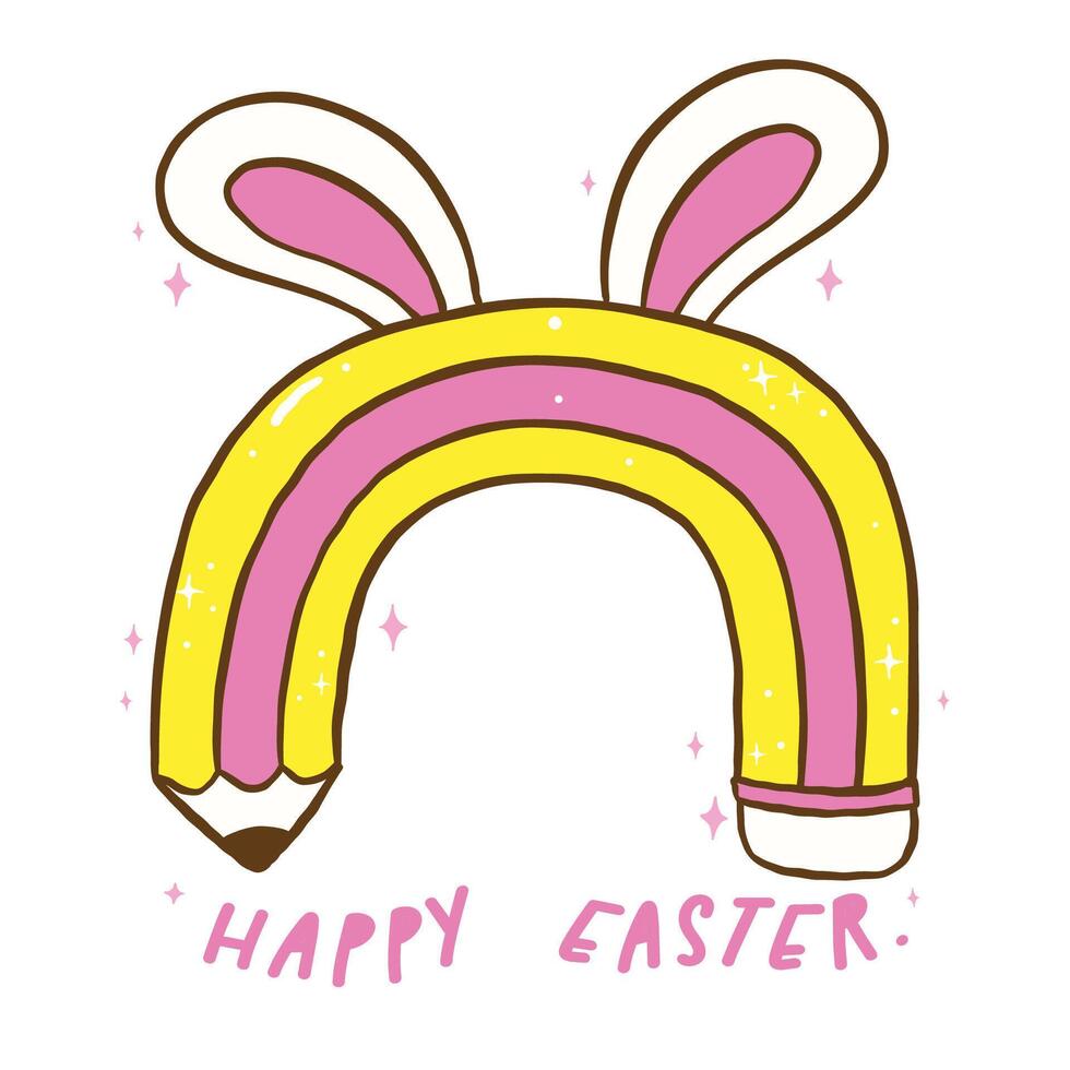 Groovy Happy Easter Pencil Rainbow with Bunny Ears, Easter School Hand Drawn vector