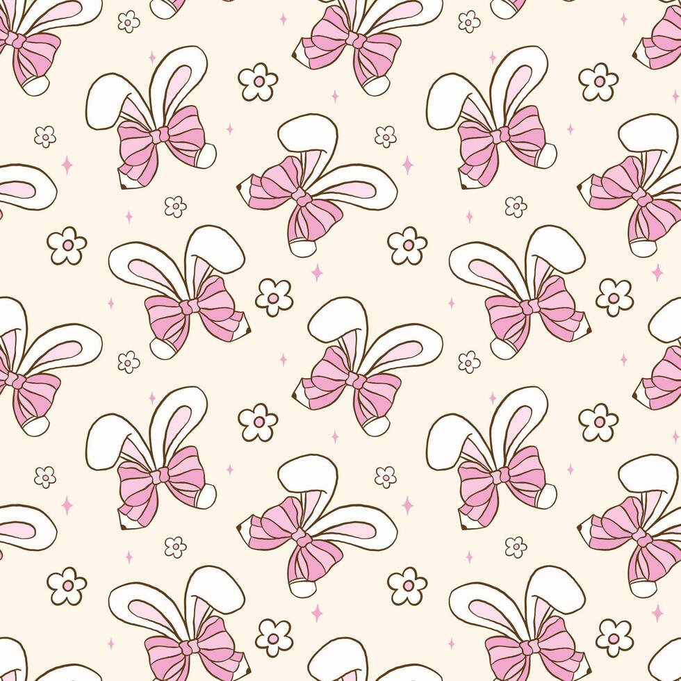 Coquette Easter School Seamless Pattern, Happy Easter Pink Pencil Rainbow with Bunny Ears wallpaper vector