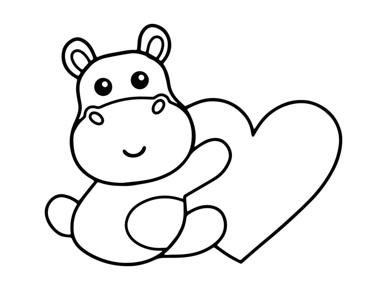 Valentine Day Hippo Holding Heart Line Art vector