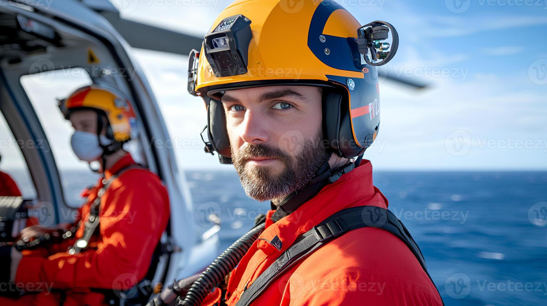 Coast Guard Rescuer Preparing for Mission Over Open Ocean Waters photo