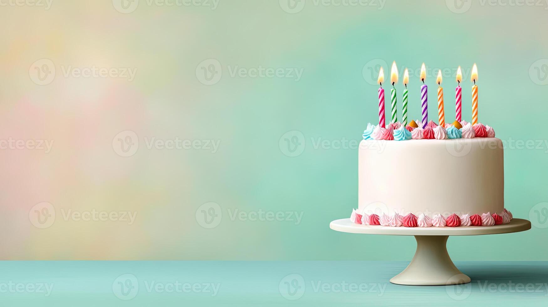 White Birthday Cake with Colorful Candles on Light Background photo