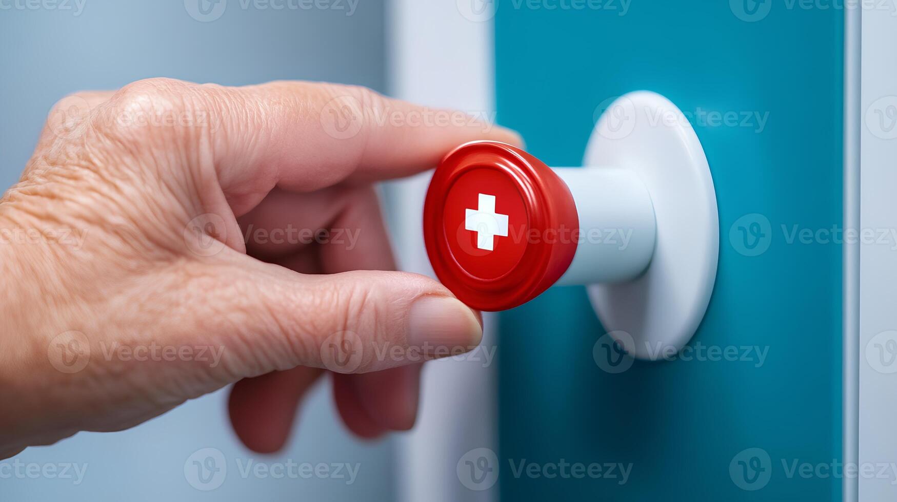 Hand Pressing Red Emergency Button with White Cross Symbol photo