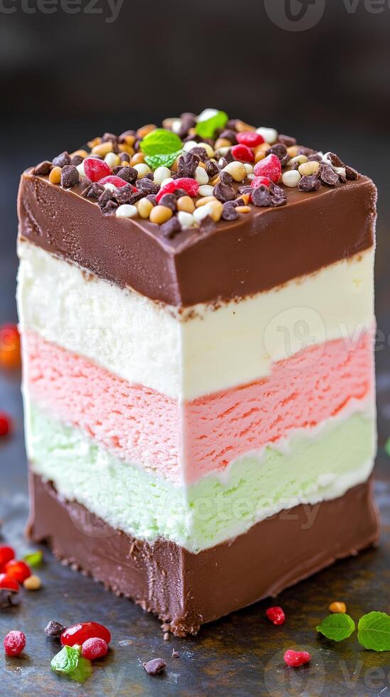 Colorful Layered Ice Cream with Chocolate and Sprinkles Delight photo