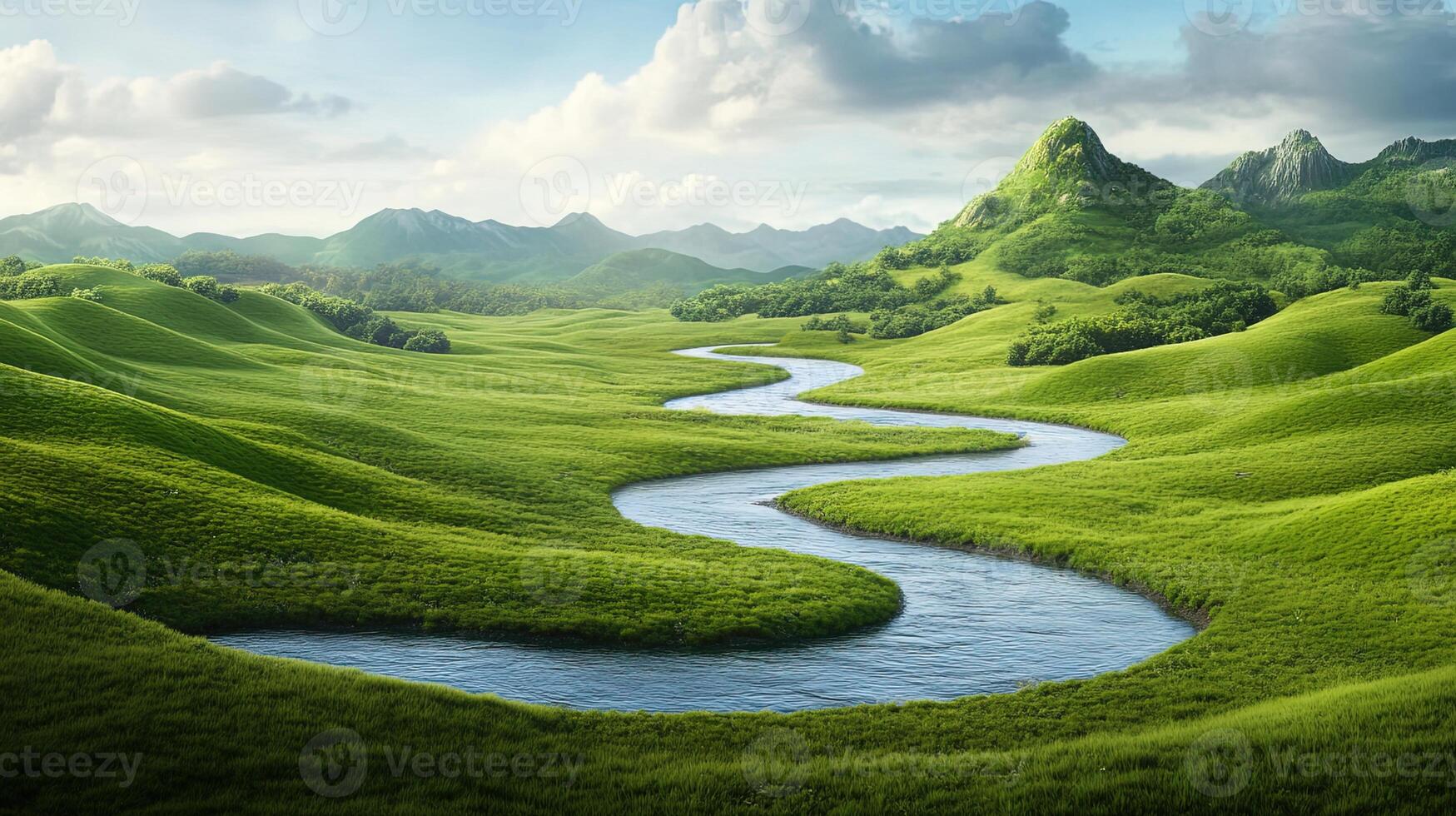 Serene Landscape with Lush Green Hills and Flowing River photo