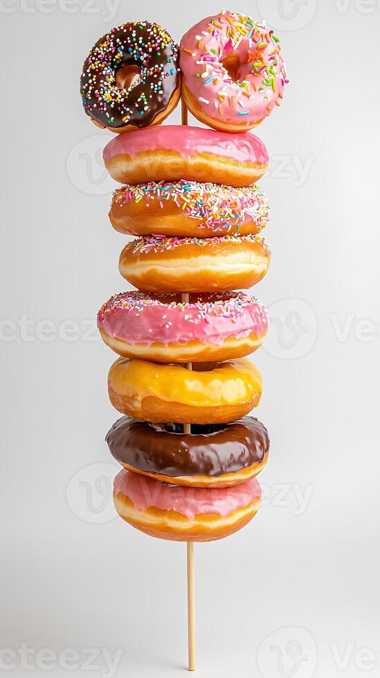 Colorful Stacked Doughnuts with Sprinkles on a Wooden Stick photo