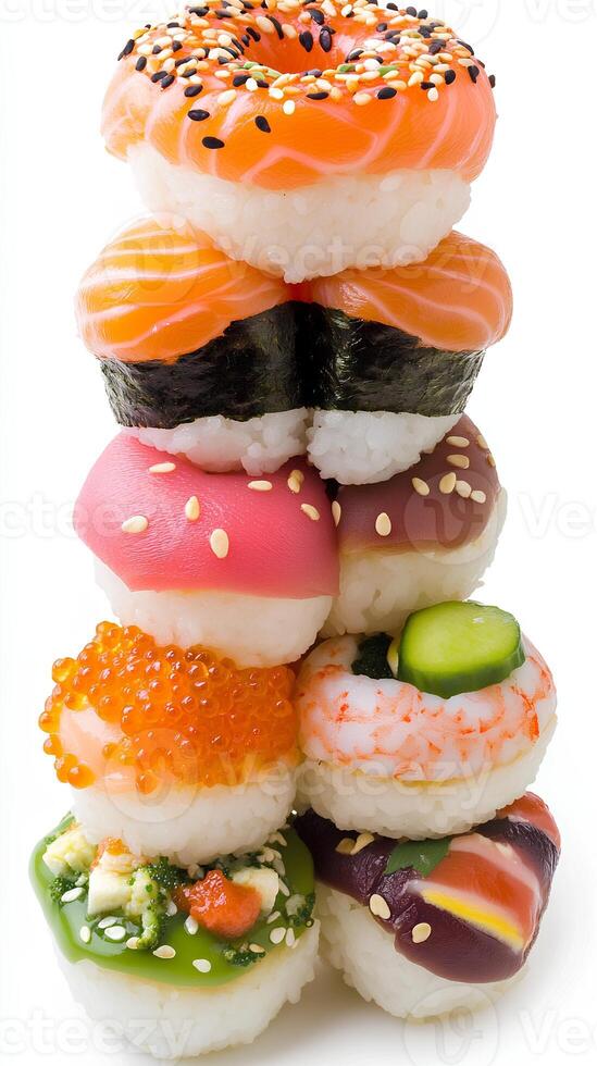 Colorful Tower of Artistic Sushi Creation Stacked Deliciously photo