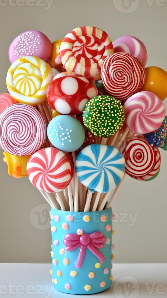 Colorful Lollipop Bouquet in Decorative Container on a Table photo