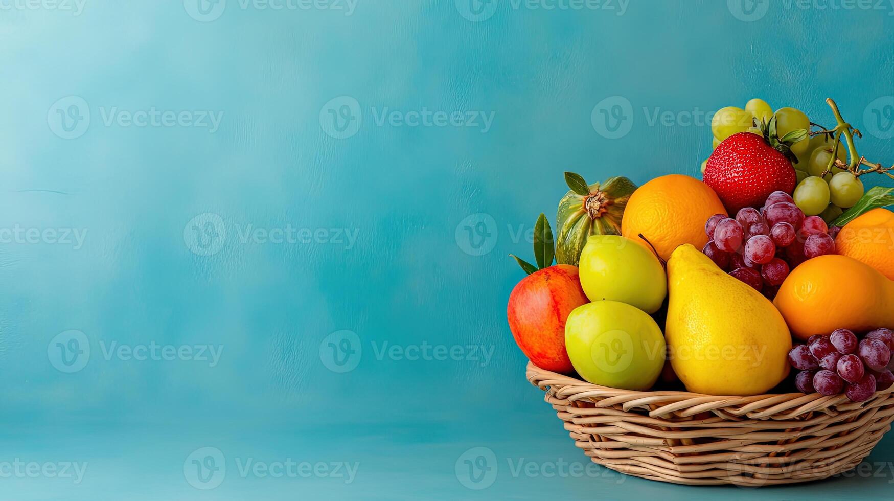 Fresh and Colorful Fruit Basket with a Blue Background photo