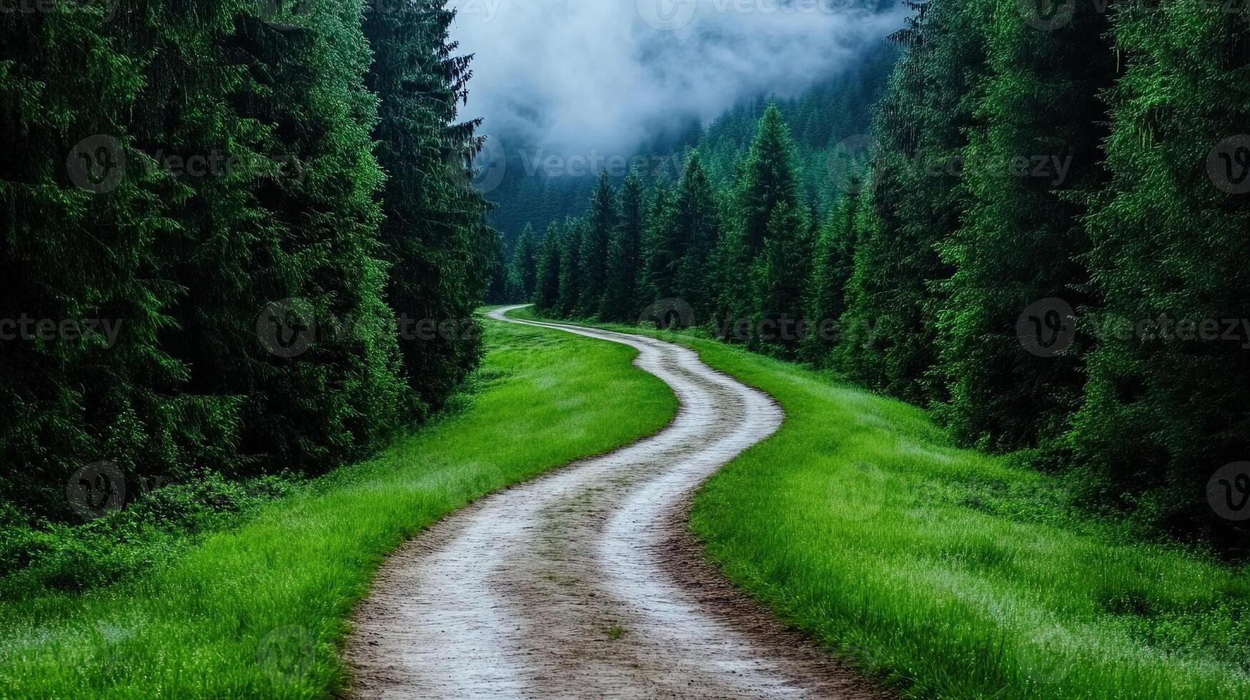 Peaceful Winding Path Through Lush Green Forest Landscape photo