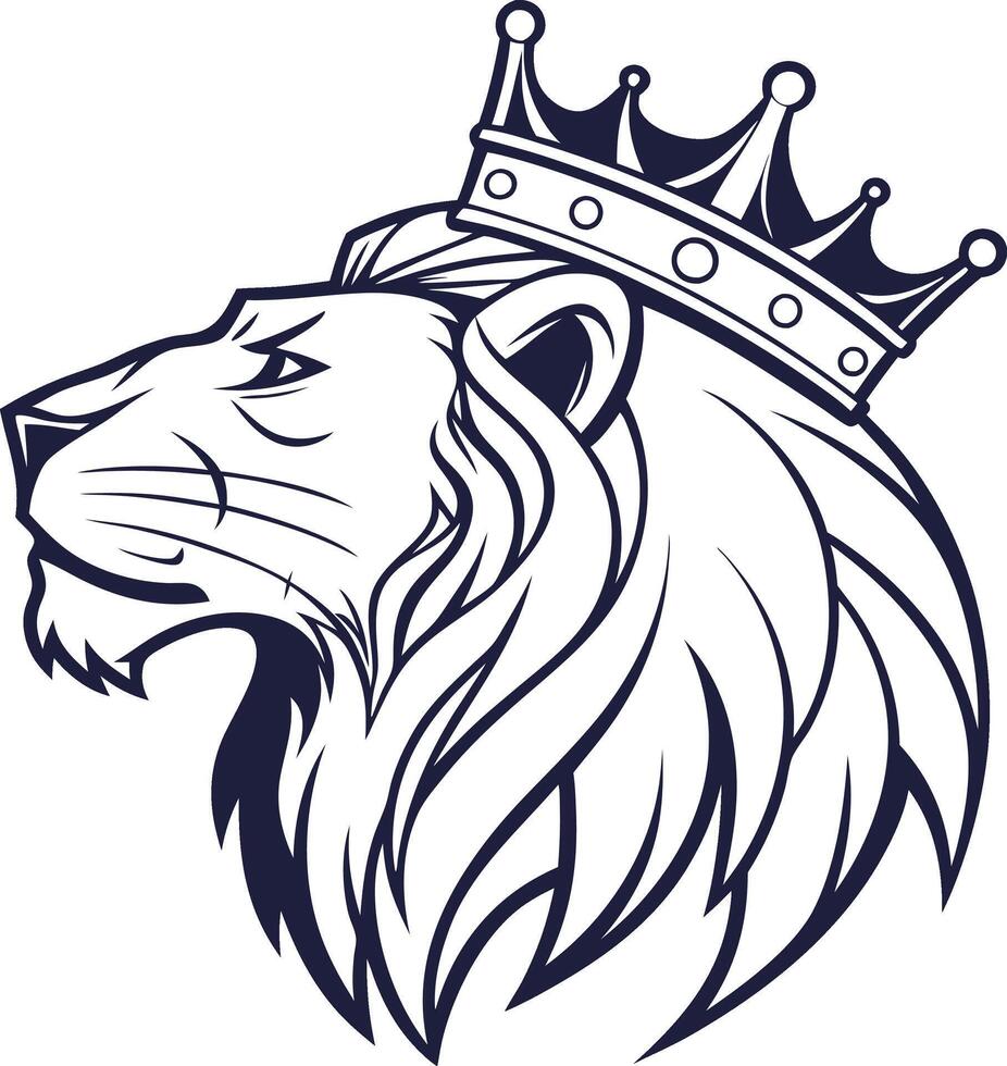 Regal Lion Profile A majestic lion, adorned with a crown, embodies power, nobility, and leadership in a striking illustration vector