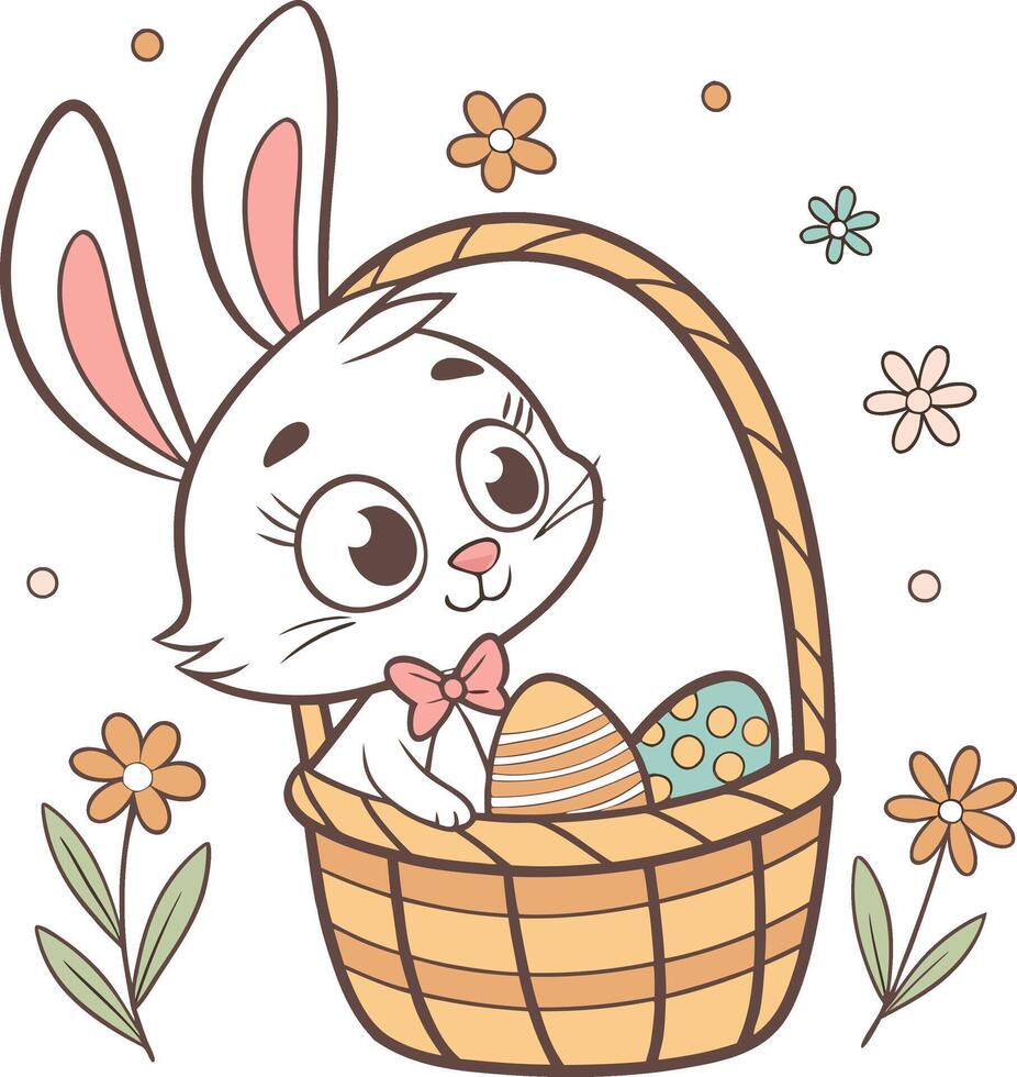 Easter bunny peeking out from a woven basket filled with colorful decorated eggs and surrounded by delicate flowers vector