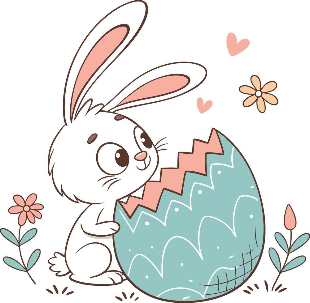 Bunny gazing with wonder at a pastel-colored Easter egg. vector
