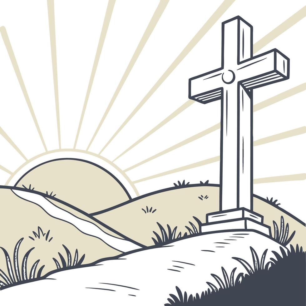 Rising Sun Cross atop a hill with a path leading towards it, set against a backdrop of a rising sun vector