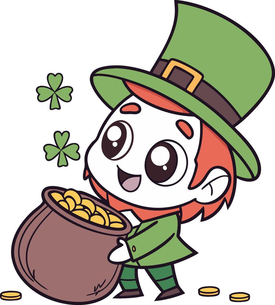 leprechaun with a pot of gold and lucky clovers celebrating St. Patrick's Day vector