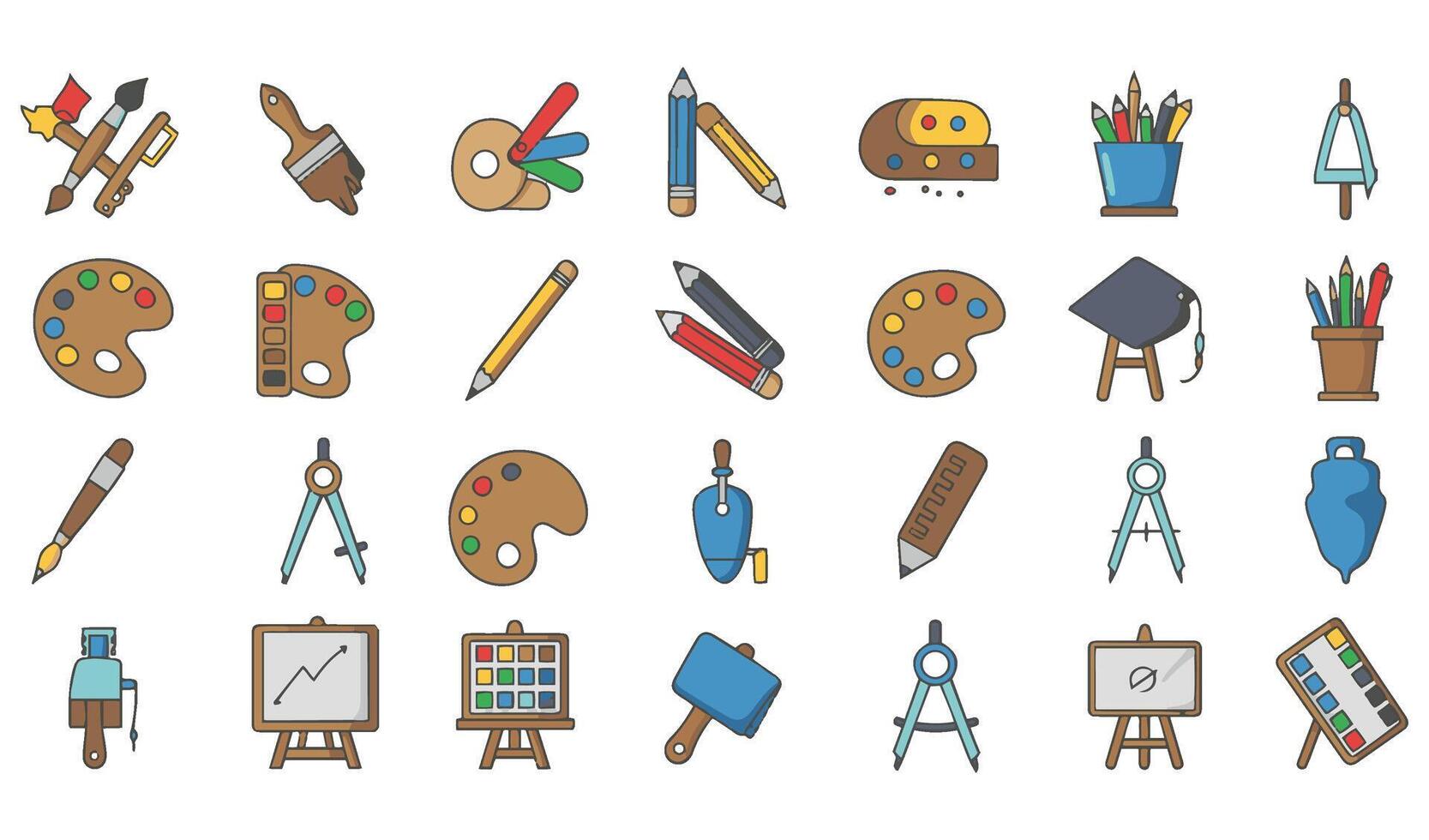 Sketching And Painting Kit Painting And Drawing Set Creative Studio Tools Colored Sketching Tools Art Supplies Icons vector