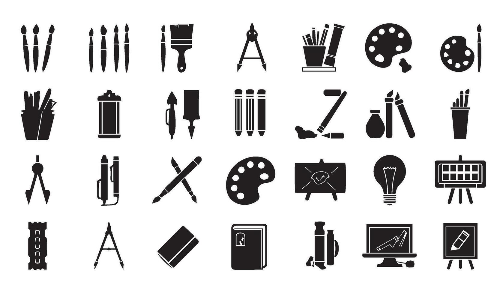 Art Tool Icons Collection Painting Equipment Drawing Tool Artistic Design Hand-Drawn Art Tool Pencil And Brush Graphics vector