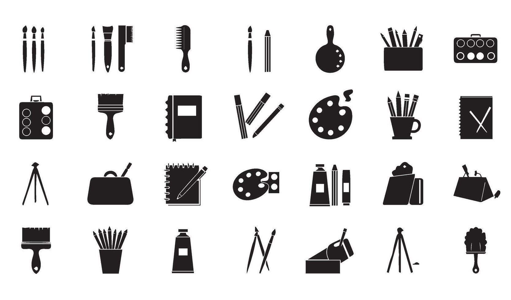 Monochrome Art Tool Icons Collection Painting Equipment Drawing Tool Artistic Design Hand-Drawn Art Tool Pencil And Brush Pack vector