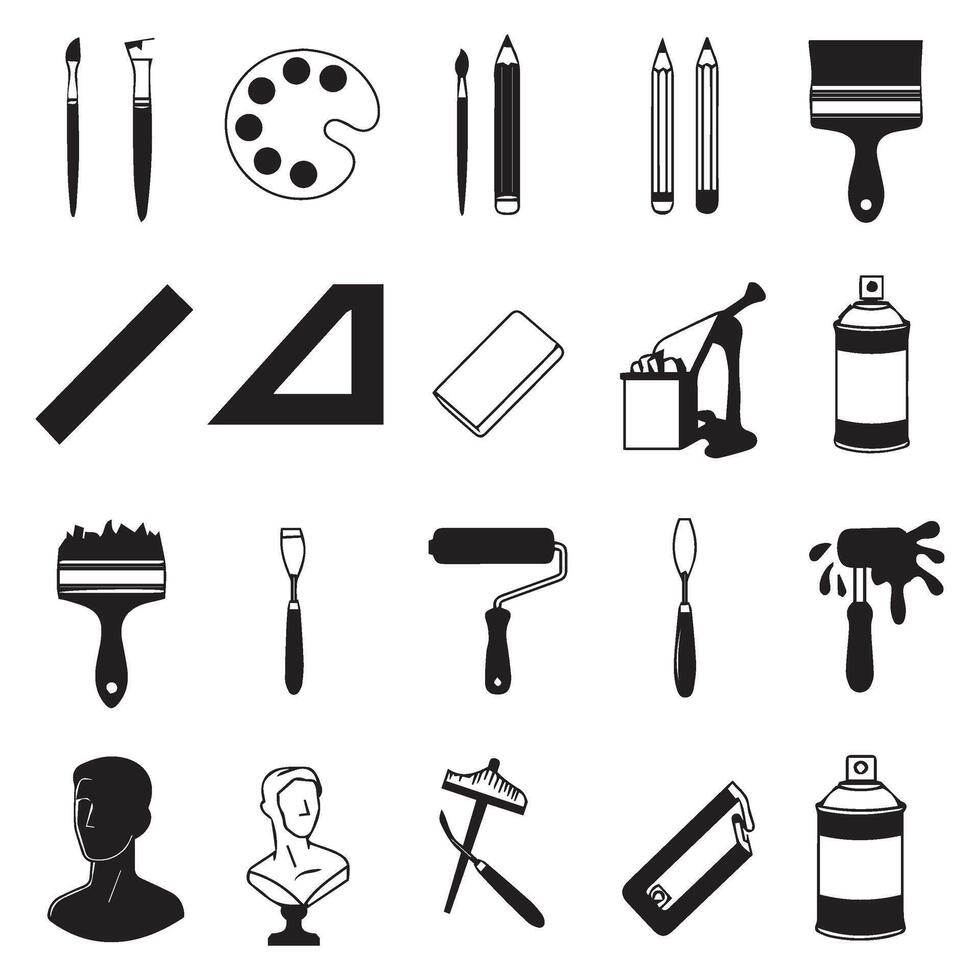 Art Tool Icons Collection Painting Equipment Drawing Tool Artistic Design Hand-Drawn Art Tool Pencil And Brush Graphics Pack vector