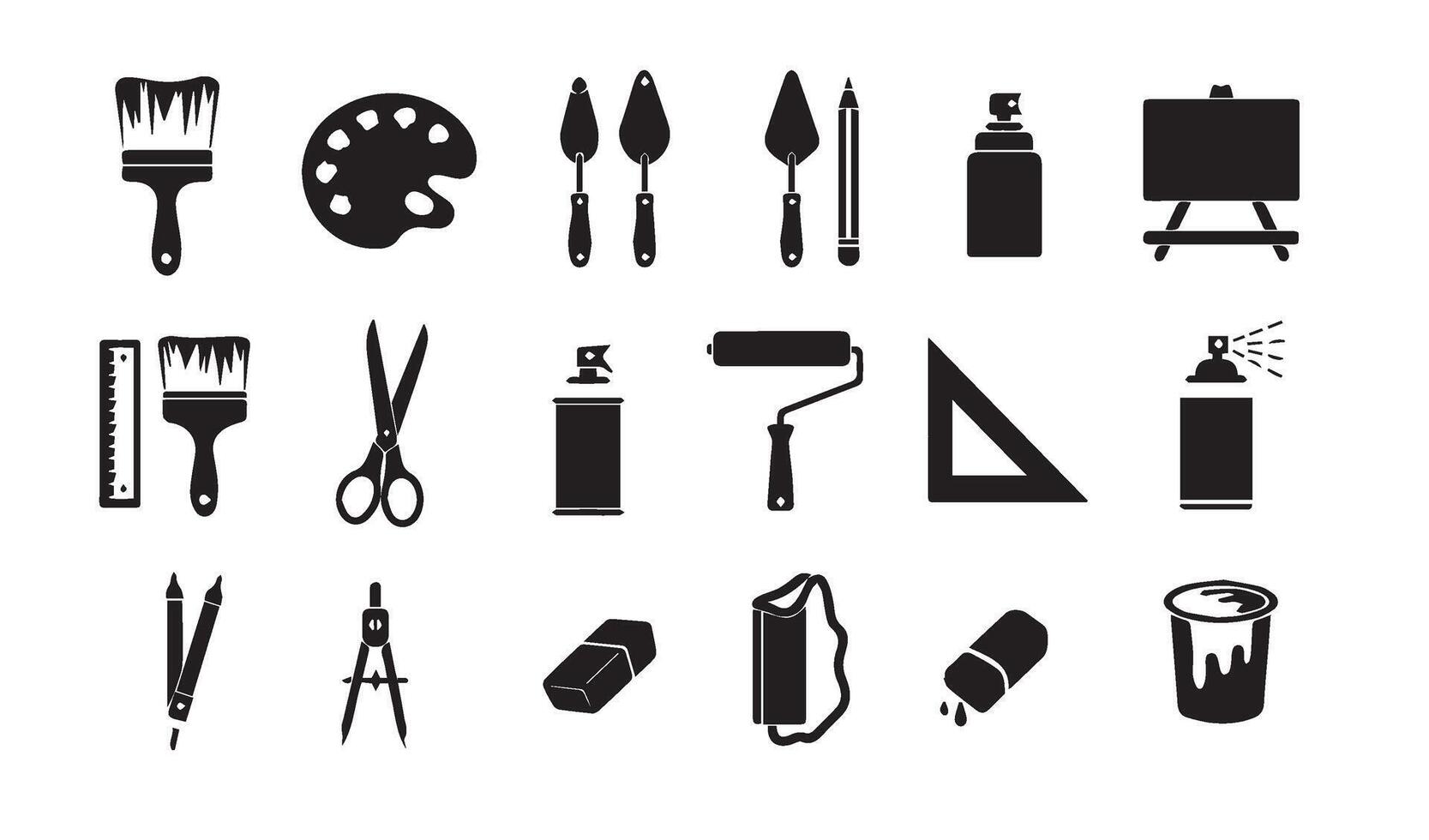 Art Tool Icons Collection Painting Equipment Drawing Tool Artistic Design Hand-Drawn Art Tool Pencil And Brush Silhouette Icons vector