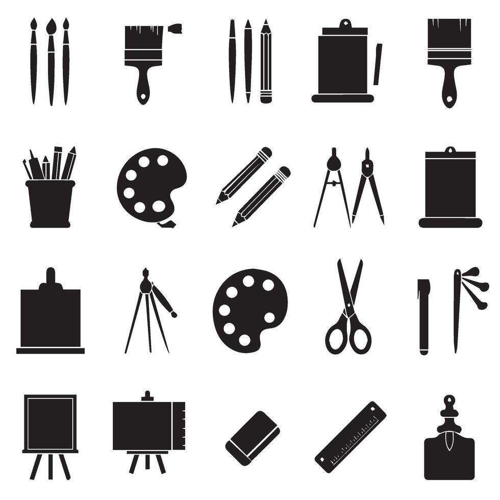 Digital Art Tool Icons Collection Painting Equipment Drawing Tool Artistic Design Hand-Drawn Art Tool Pencil And Brush vector